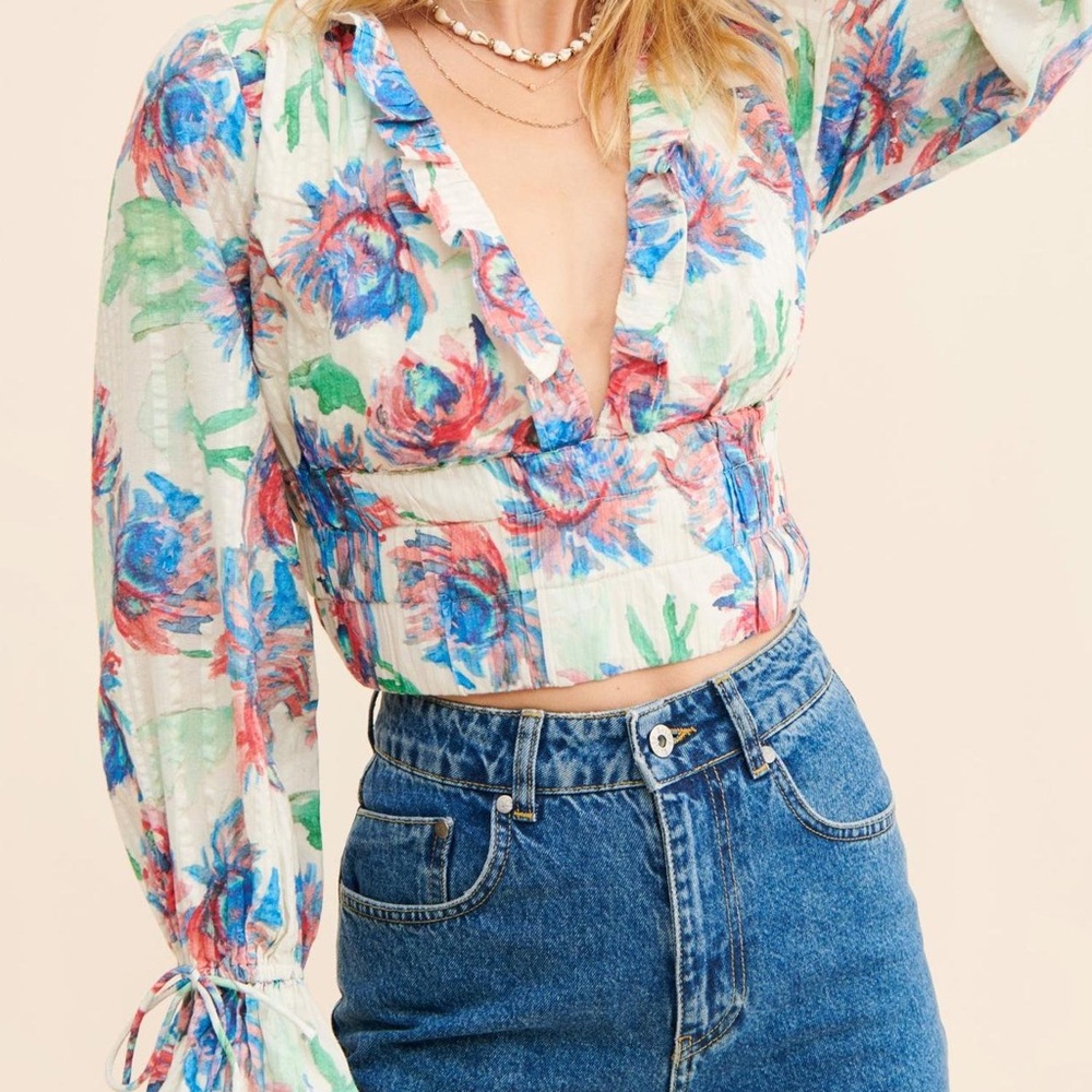 NWT Anthropologie- Blue/Red/Green Floral Tropical Print Top - Women's - XS